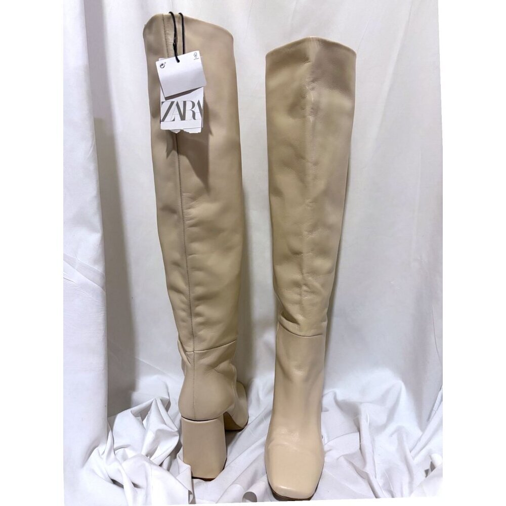 Zara Knee High Leather Boots US 6.5 EU 37 Capsule Go Go Cream Blogger Fave - Picture 4 of 12
